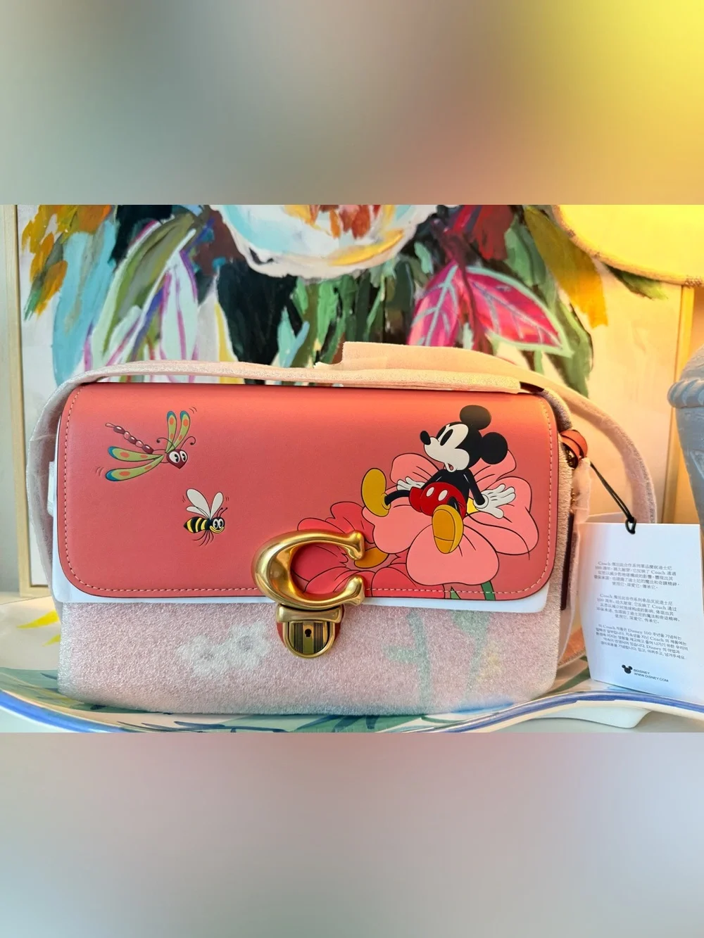 Coach Coral Pink Mickey Mouse Floral Crossbody Bag NWOT - Picture 1 of 9